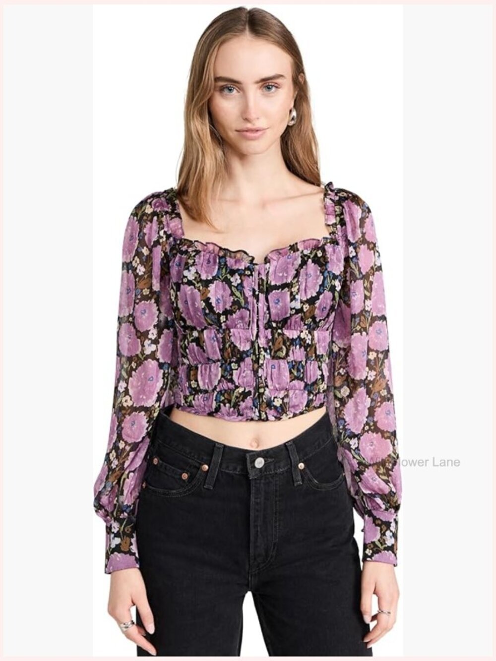 Blouse with Ruffle Sweetheart Neckline and Long Billow Sleeves